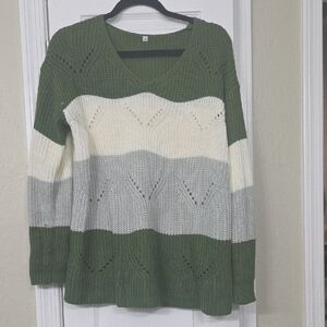 Green and Cream Striped Women's Sweater